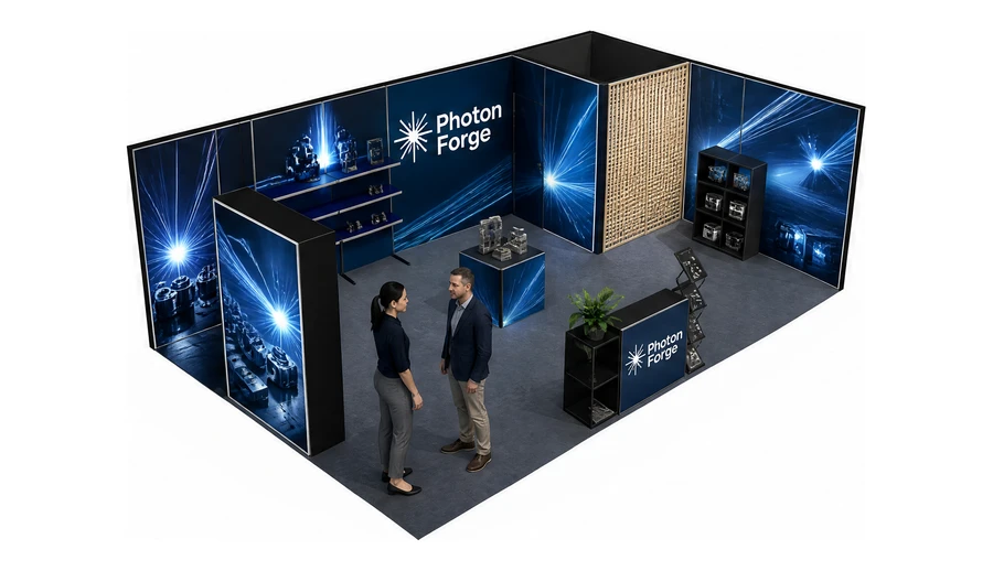 Stoisko 8 × 5 m narożne prawe dla branży technika laserowa i fotonika, przykładowa marka Photon Forge
