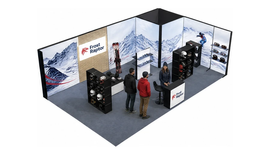 Stoisko 8 × 5 m narożne prawe dla branży narciarstwo i sporty zimowe, przykładowa marka Frost Raptor