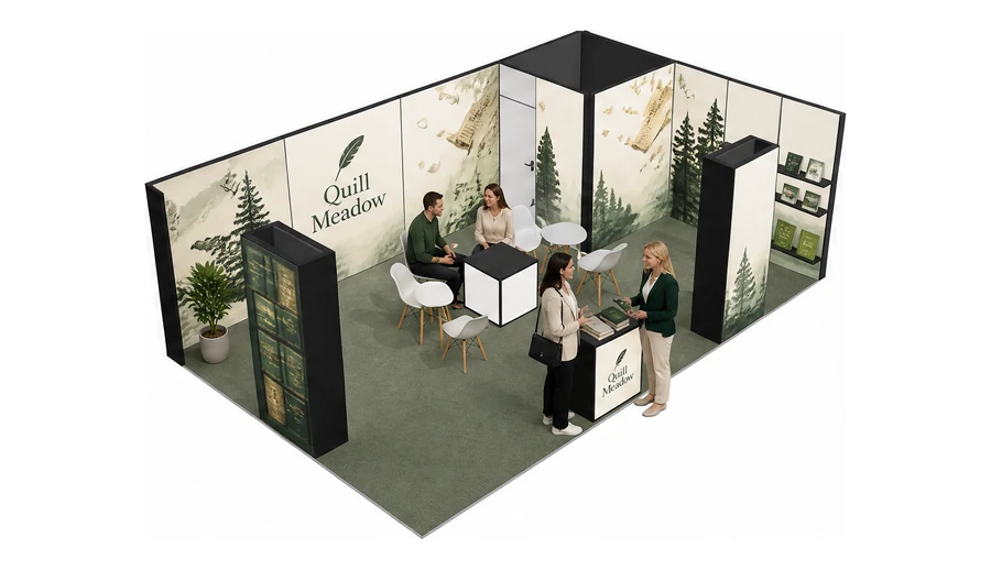 Stoisko 8 × 5 m narożne prawe dla branży wydawnictwa, przykładowa marka Quill Meadow