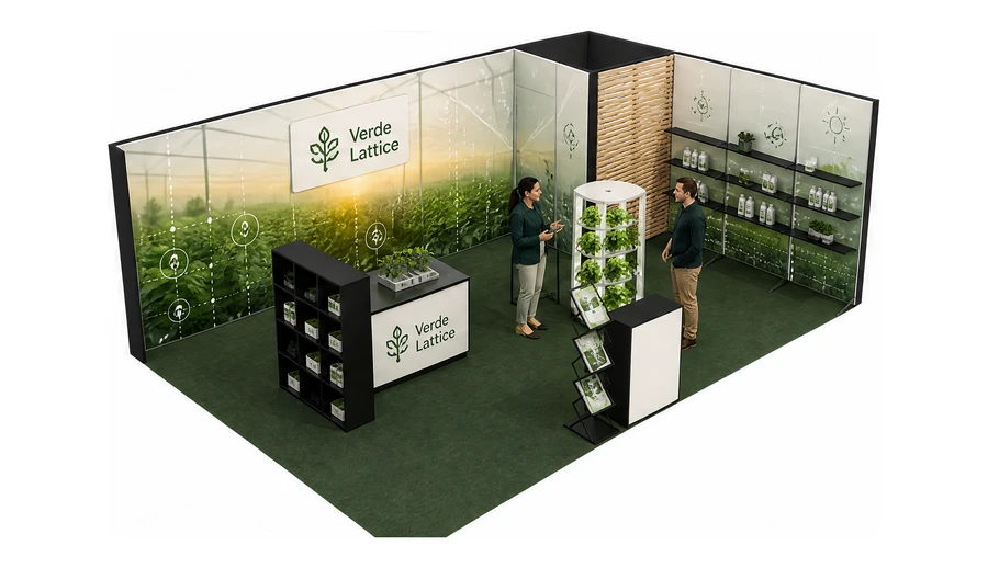 Stoisko 8 × 5 m narożne prawe dla branży sadownictwo i warzywnictwo, przykładowa marka Verde Lattice