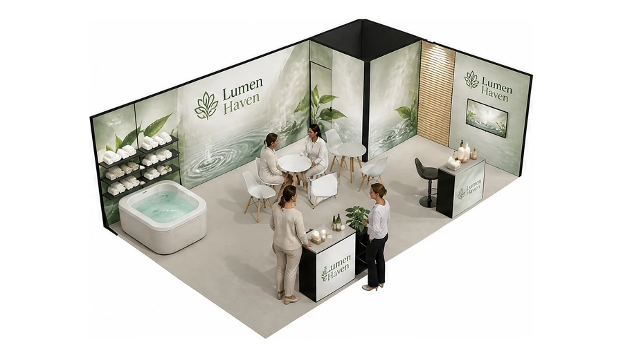 Stoisko 8 × 5 m narożne prawe dla branży spa i wellness, przykładowa marka Lumen Haven