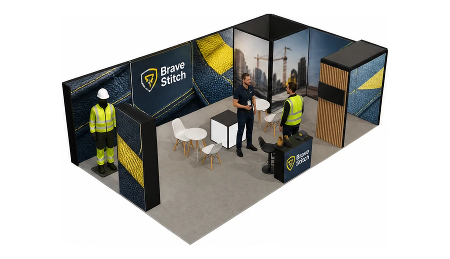 Stoisko 8 × 5 m narożne prawe dla branży BHP i odzież ochronna, przykładowa marka Brave Stitch