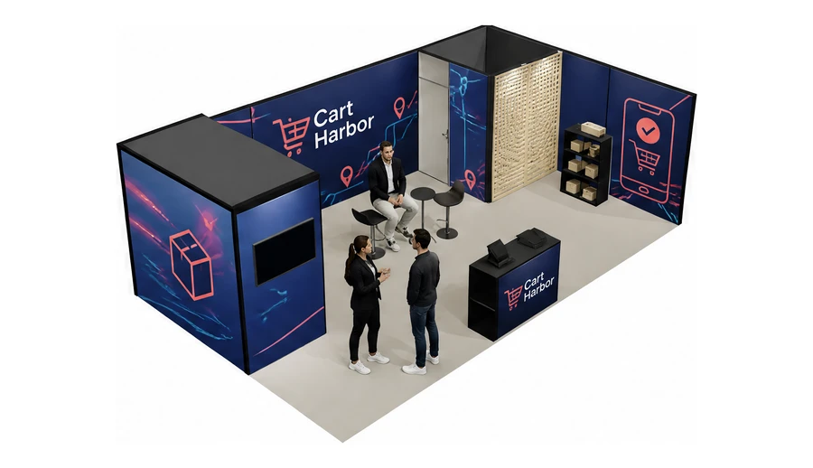 Stoisko 8 × 5 m narożne prawe dla branży e-commerce, przykładowa marka Cart Harbor