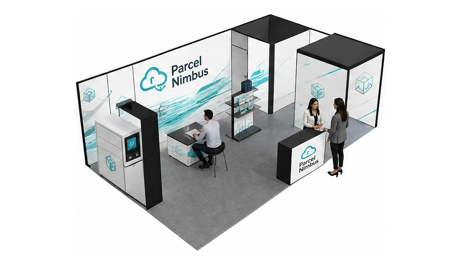 Stoisko 8 × 5 m narożne prawe dla branży e-commerce, przykładowa marka Parcel Nimbus