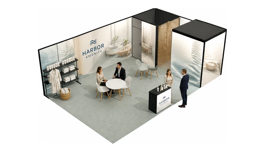 Stoisko 8 × 5 m narożne prawe dla branży wyposażenie hoteli, przykładowa marka Harbor Amenity