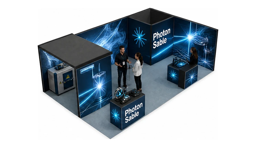 Stoisko 8 × 5 m narożne prawe dla branży technika laserowa i fotonika, przykładowa marka Photon Sable