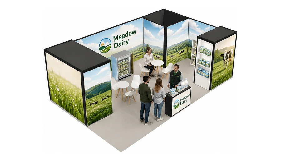 Stoisko 8 × 5 m narożne prawe dla branży nabiał i mleczarstwo, przykładowa marka Meadow Dairy