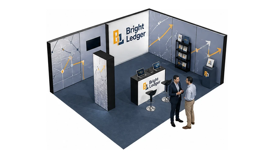 Stoisko 8 × 6 m narożne prawe dla branży franczyza i sieci, przykładowa marka Bright Ledger