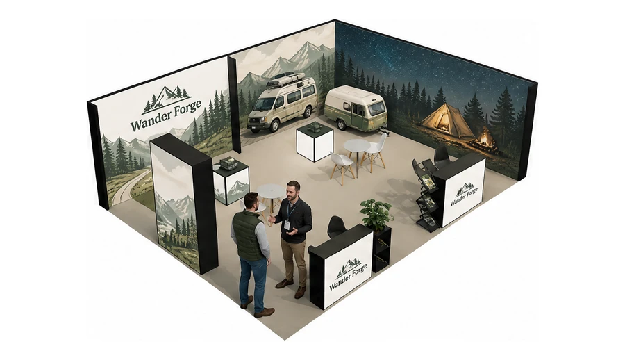 Stoisko 8 × 6 m narożne prawe dla branży caravaning i kampery, przykładowa marka Wander Forge