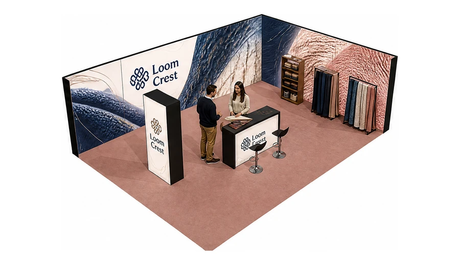 Stoisko 8 × 6 m narożne prawe dla branży tekstylia i tkaniny, przykładowa marka Loom Crest