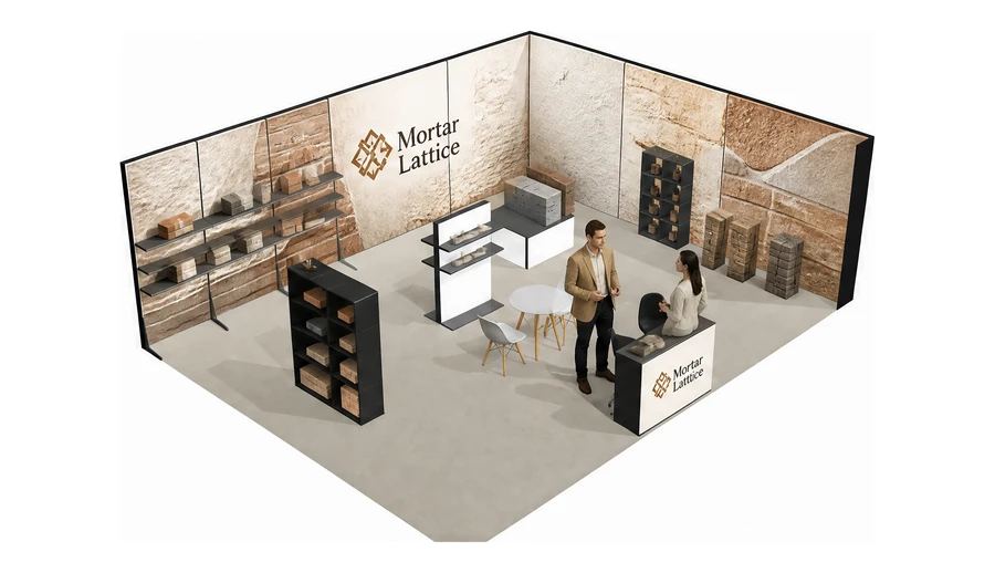 Stoisko 8 × 6 m narożne prawe dla branży materiały budowlane, przykładowa marka Mortar Lattice