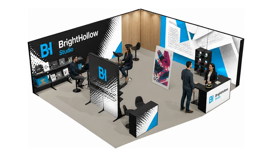 Stoisko 8 × 6 m narożne prawe dla branży reklama i druk, przykładowa marka BrightHollow Studio