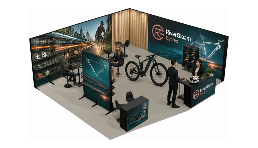 Stoisko 8 × 6 m narożne prawe dla branży rowery elektryczne, przykładowa marka RiverGleam Cycles