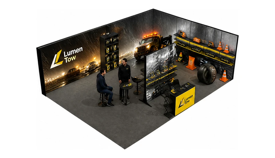Stoisko 8 × 6 m narożne prawe dla branży pomoc drogowa i lawety, przykładowa marka Lumen Tow