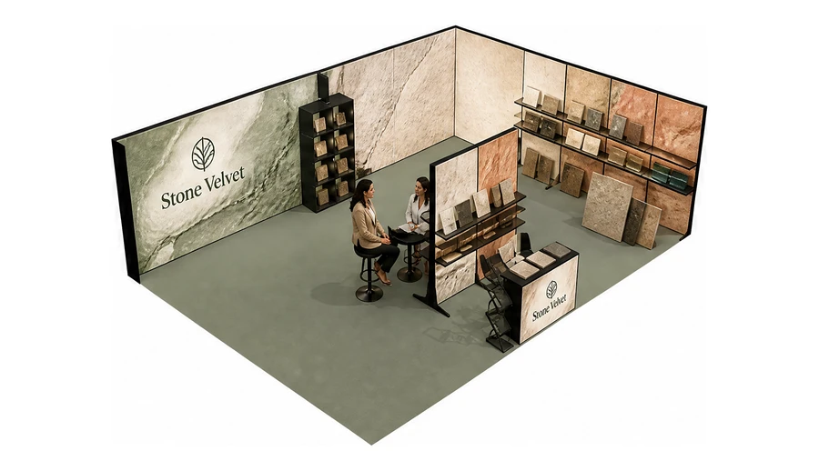 Stoisko 8 × 6 m narożne prawe dla branży wykończenie wnętrz, przykładowa marka Stone Velvet
