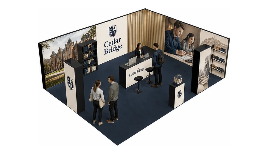 Stoisko 8 × 6 m narożne prawe dla branży edukacja i szkolenia, przykładowa marka Cedar Bridge