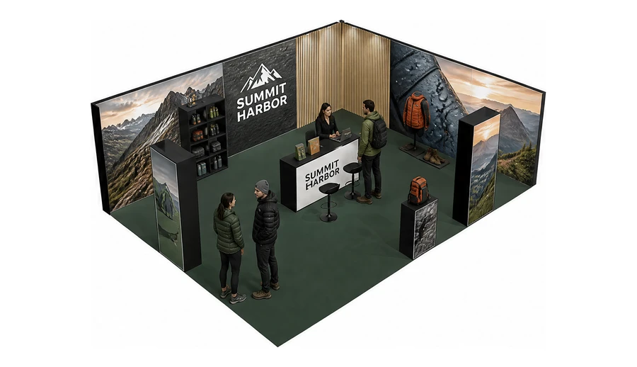 Stoisko 8 × 6 m narożne prawe dla branży odzież i sprzęt outdoorowy, przykładowa marka Summit Harbor