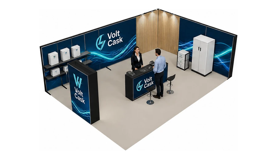 Stoisko 8 × 6 m narożne prawe dla branży magazyny energii, przykładowa marka Volt Cask
