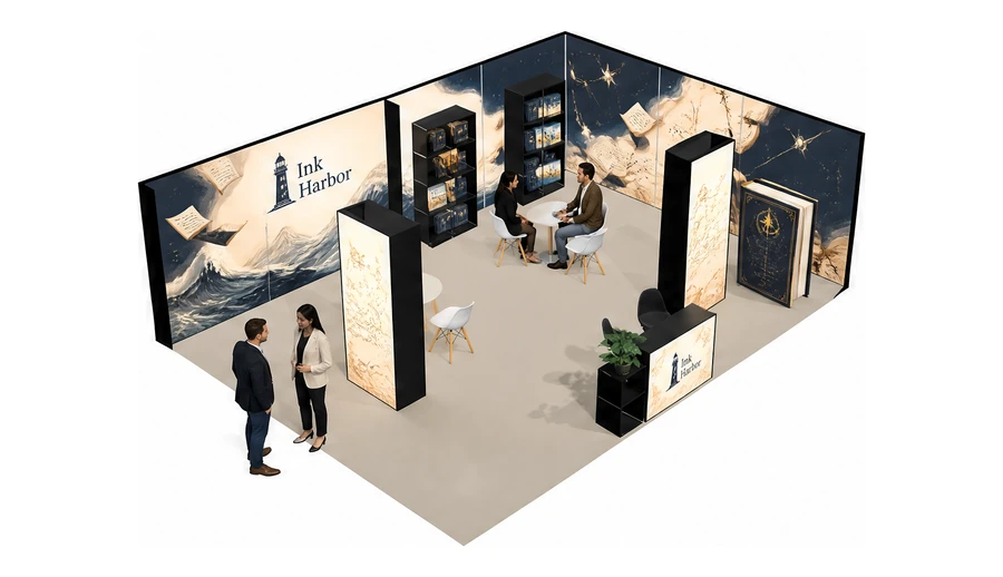 Stoisko 8 × 6 m narożne prawe dla branży wydawnictwa, przykładowa marka Ink Harbor