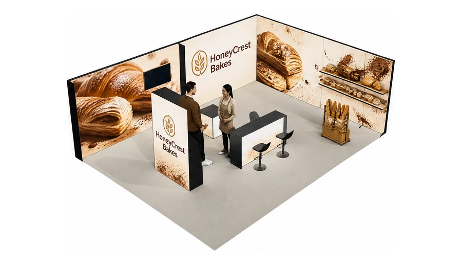 Stoisko 8 × 6 m narożne prawe dla branży piekarnictwo i cukiernictwo, przykładowa marka HoneyCrest Bakes
