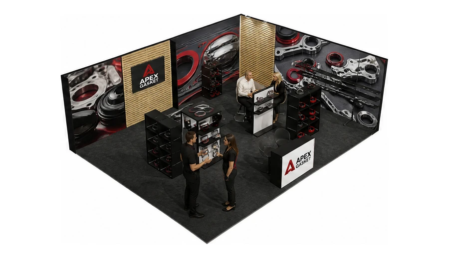 Stoisko 8 × 6 m narożne prawe dla branży części motoryzacyjne, przykładowa marka Apex Gasket