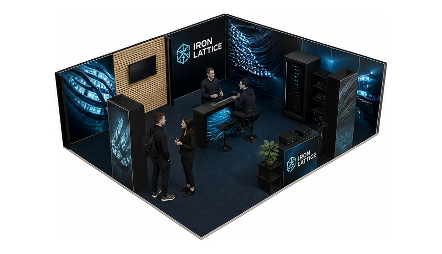 Stoisko 8 × 6 m narożne prawe dla branży infrastruktura IT i data center, przykładowa marka Iron Lattice