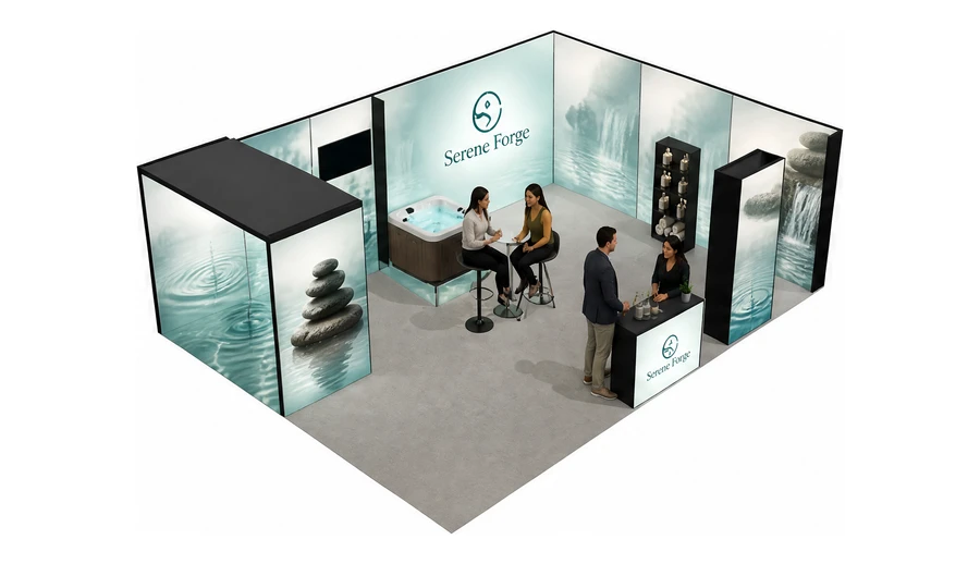 Stoisko 8 × 6 m narożne prawe dla branży spa i wellness, przykładowa marka Serene Forge