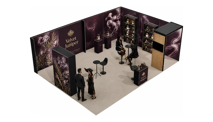 Stoisko 8 × 6 m narożne prawe dla branży perfumy, przykładowa marka Velvet Juniper