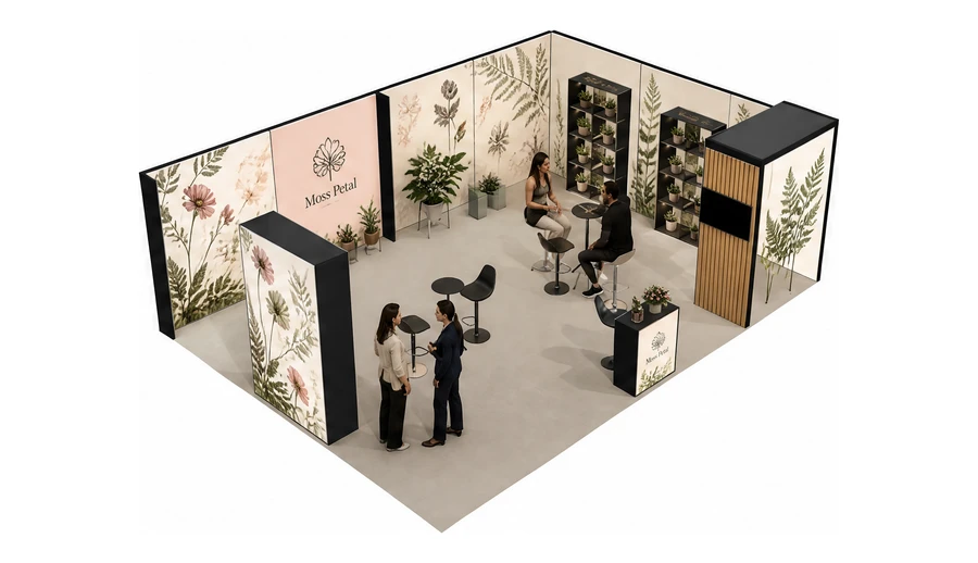 Stoisko 8 × 6 m narożne prawe dla branży rośliny i kwiaciarstwo, przykładowa marka Moss Petal