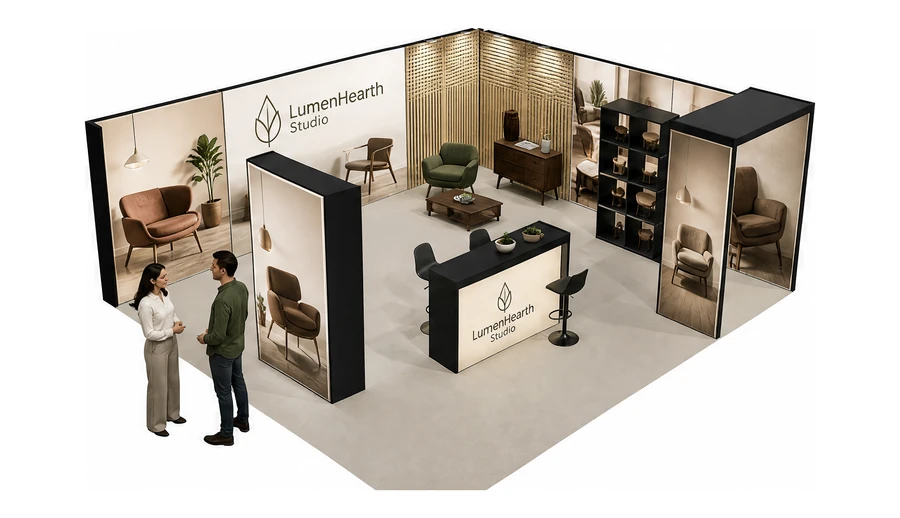 Stoisko 8 × 6 m narożne prawe dla branży meble designerskie, przykładowa marka LumenHearth Studio