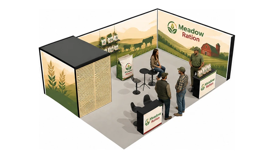 Stoisko 8 × 6 m narożne prawe dla branży hodowla i pasze, przykładowa marka Meadow Ration