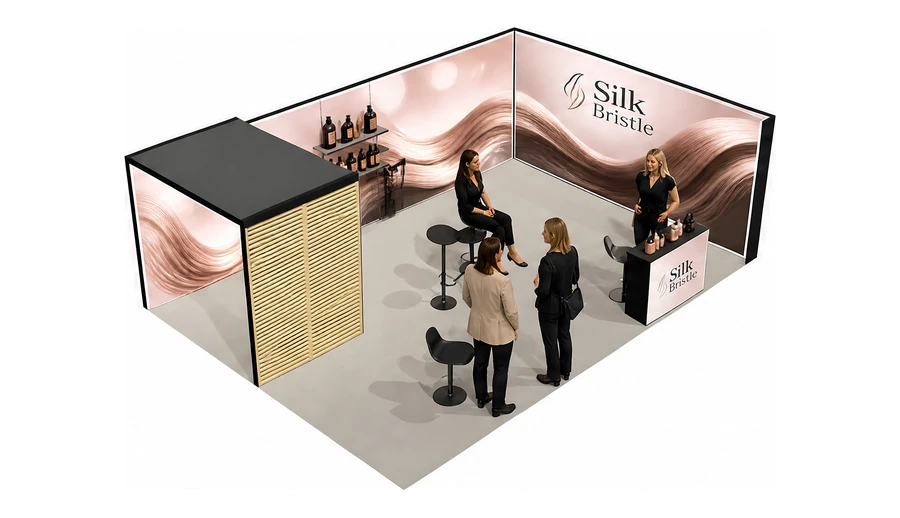 Stoisko 8 × 6 m narożne prawe dla branży fryzjerstwo i salony beauty, przykładowa marka Silk Bristle