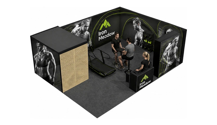 Stoisko 8 × 6 m narożne prawe dla branży fitness i siłownie, przykładowa marka Iron Meadow