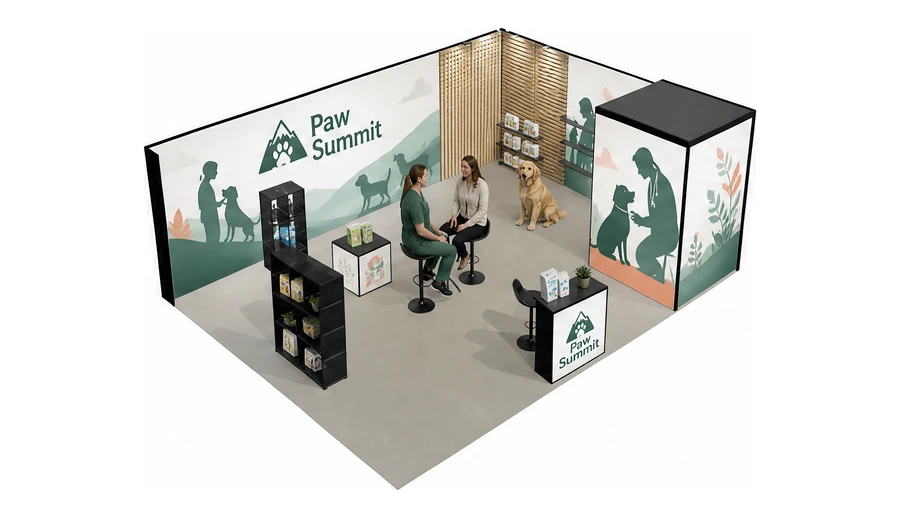 Stoisko 8 × 6 m narożne prawe dla branży weterynaria, przykładowa marka Paw Summit