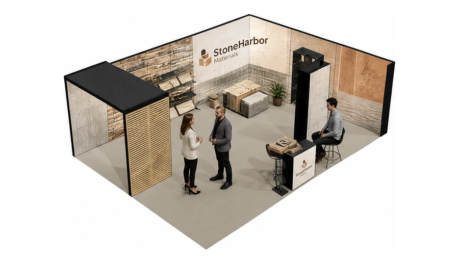 Stoisko 8 × 6 m narożne prawe dla branży materiały budowlane, przykładowa marka StoneHarbor Materials