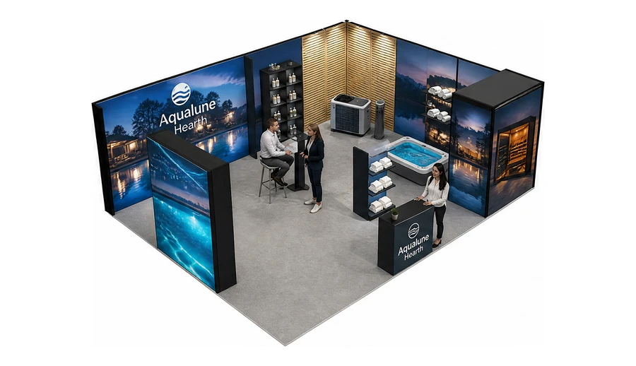 Stoisko 8 × 6 m narożne prawe dla branży baseny i sauny, przykładowa marka Aqualune Hearth