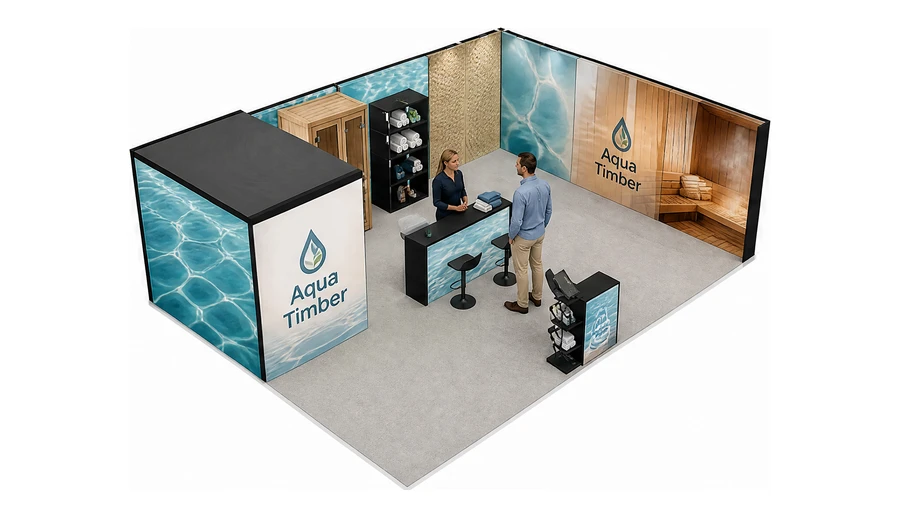 Stoisko 8 × 6 m narożne prawe dla branży baseny i sauny, przykładowa marka Aqua Timber
