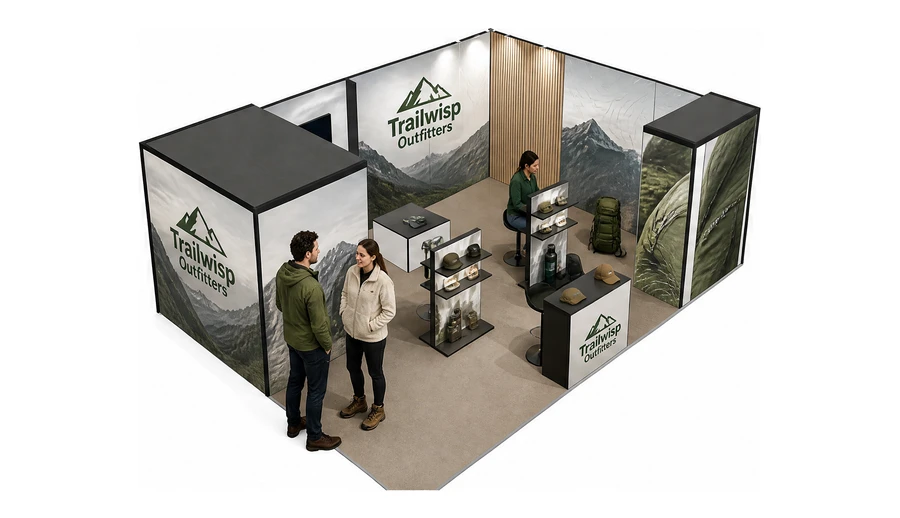 Stoisko 8 × 6 m narożne prawe dla branży odzież i sprzęt outdoorowy, przykładowa marka Trailwisp Outfitters