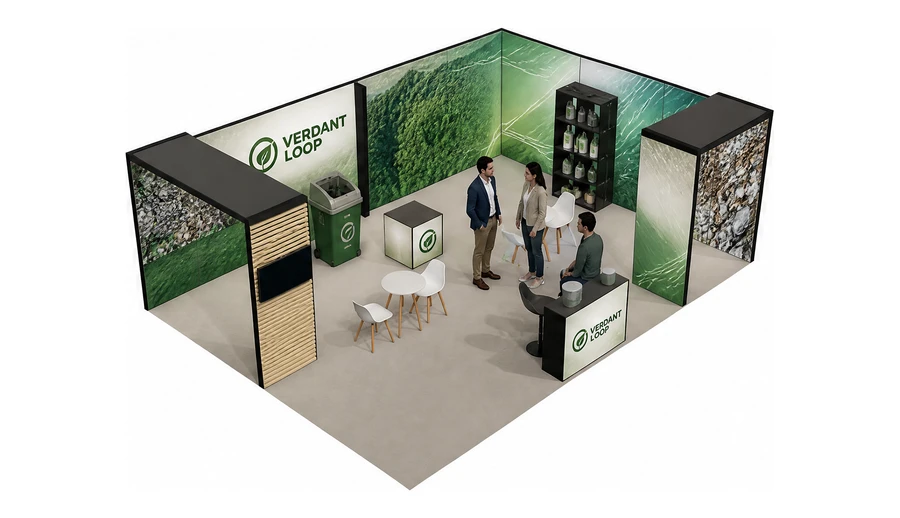 Stoisko 8 × 6 m narożne prawe dla branży recykling i ochrona środowiska, przykładowa marka Verdant Loop