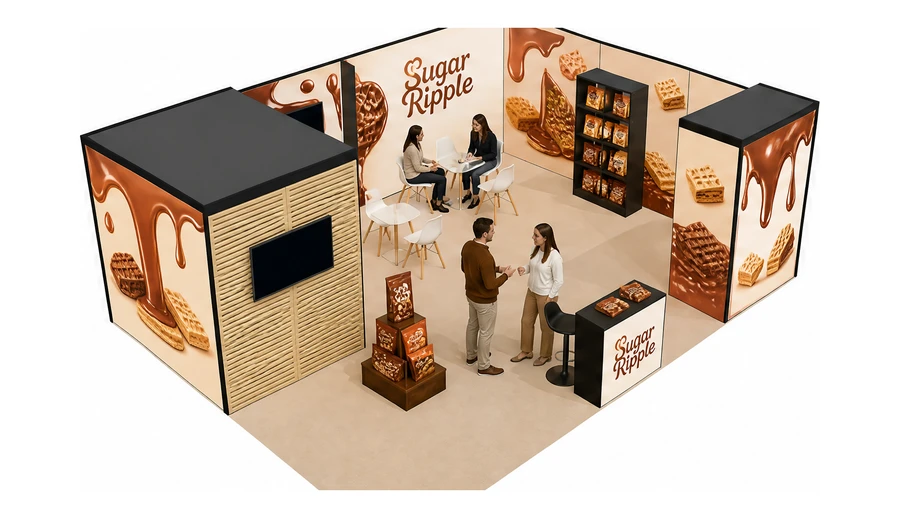 Stoisko 8 × 6 m narożne prawe dla branży słodycze i przekąski, przykładowa marka Sugar Ripple