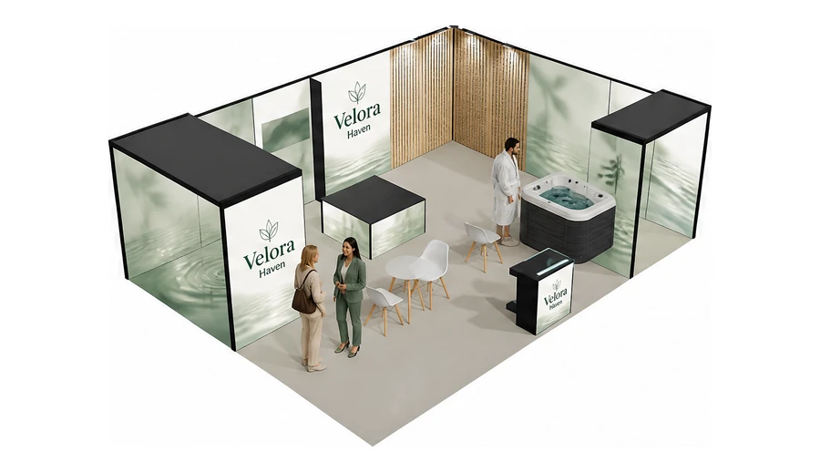 Stoisko 8 × 6 m narożne prawe dla branży spa i wellness, przykładowa marka Velora Haven
