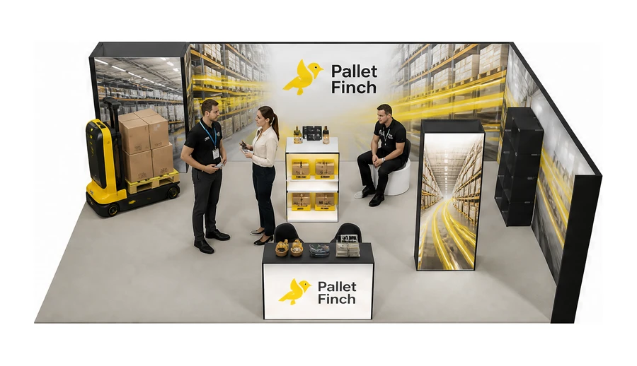 Stoisko 8 × 6 m narożne prawe dla branży intralogistyka i magazyn, przykładowa marka Pallet Finch