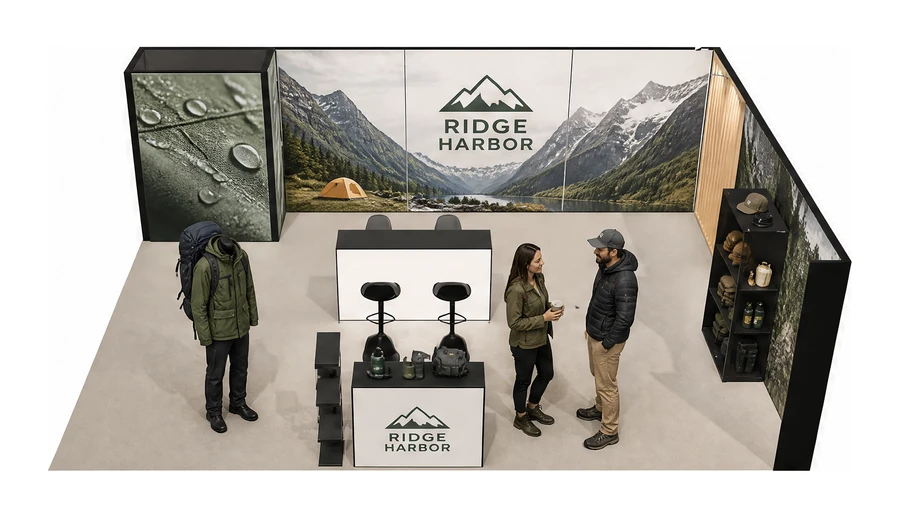 Stoisko 8 × 6 m narożne prawe dla branży odzież i sprzęt outdoorowy, przykładowa marka Ridge Harbor