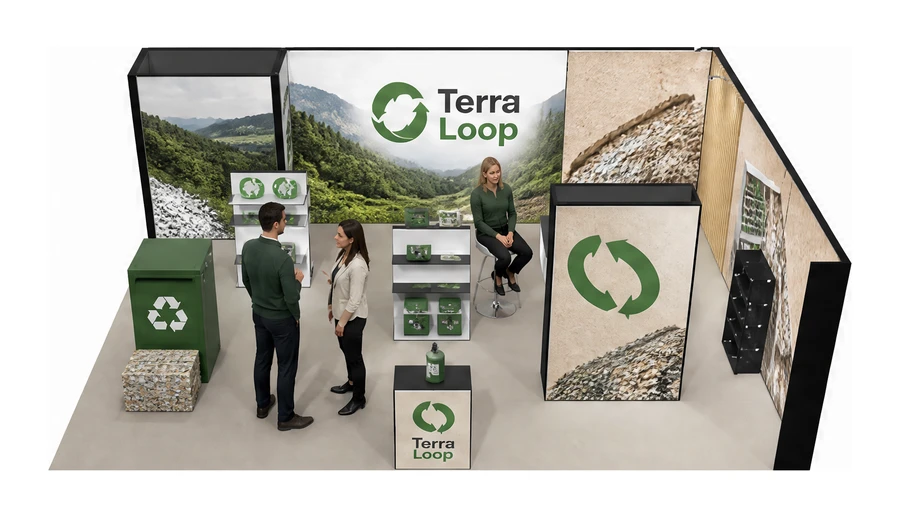 Stoisko 8 × 6 m narożne prawe dla branży recykling i ochrona środowiska, przykładowa marka Terra Loop