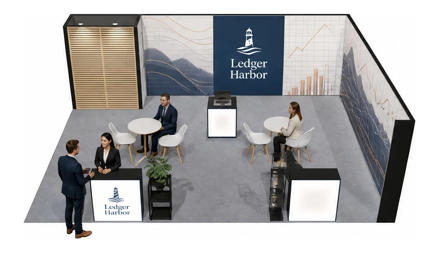Stoisko 8 × 6 m narożne prawe dla branży usługi finansowe i księgowe, przykładowa marka Ledger Harbor