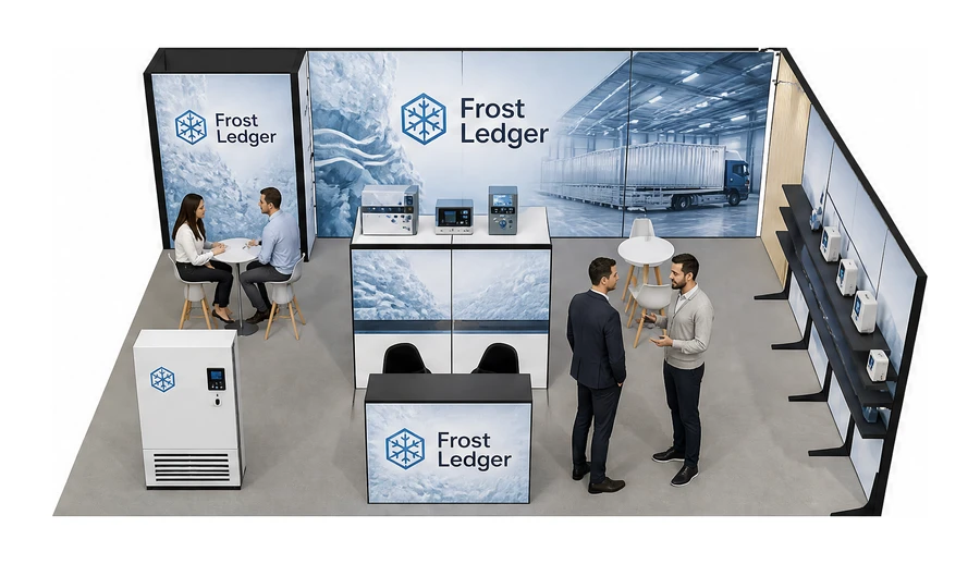Stoisko 8 × 6 m narożne prawe dla branży łańcuch chłodniczy, przykładowa marka Frost Ledger