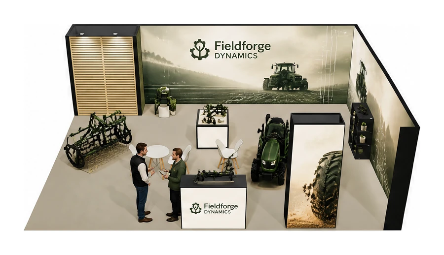 Stoisko 8 × 6 m narożne prawe dla branży maszyny rolnicze, przykładowa marka Fieldforge Dynamics