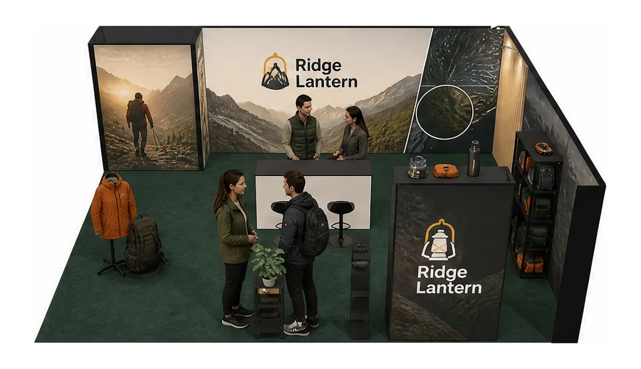 Stoisko 8 × 6 m narożne prawe dla branży odzież i sprzęt outdoorowy, przykładowa marka Ridge Lantern
