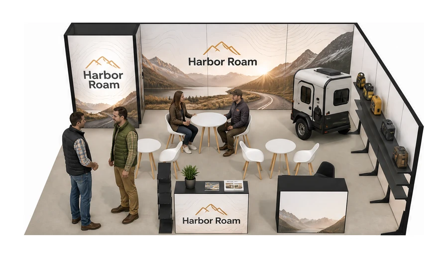 Stoisko 8 × 6 m narożne prawe dla branży caravaning i kampery, przykładowa marka Harbor Roam