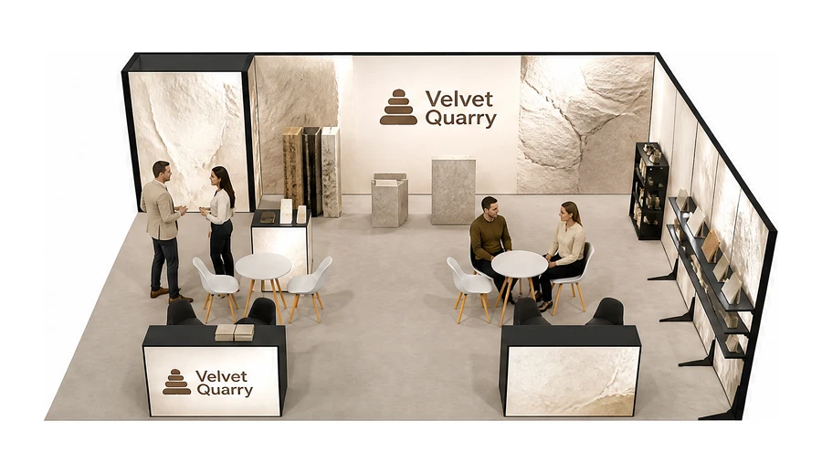 Stoisko 8 × 6 m narożne prawe dla branży wykończenie wnętrz, przykładowa marka Velvet Quarry